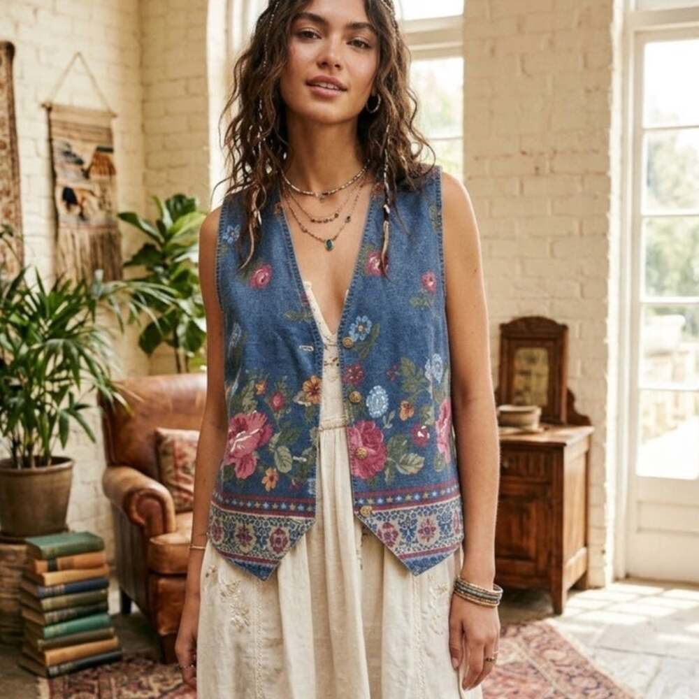 Vintage 90's Vivalidi Floral Print Denim Vest